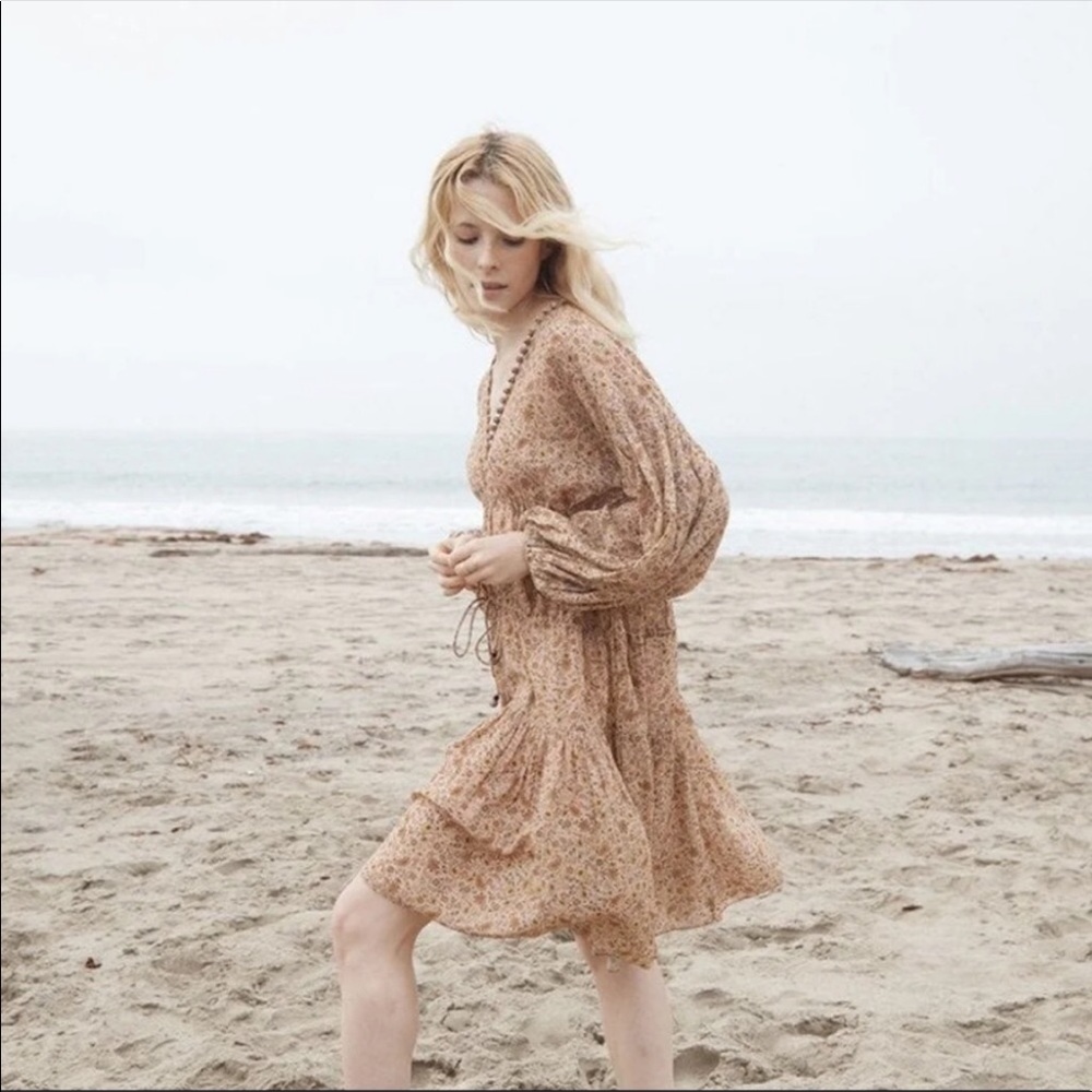 Doen Grasse flawy balloon long  sleeves cinched dress cotton flower print dress